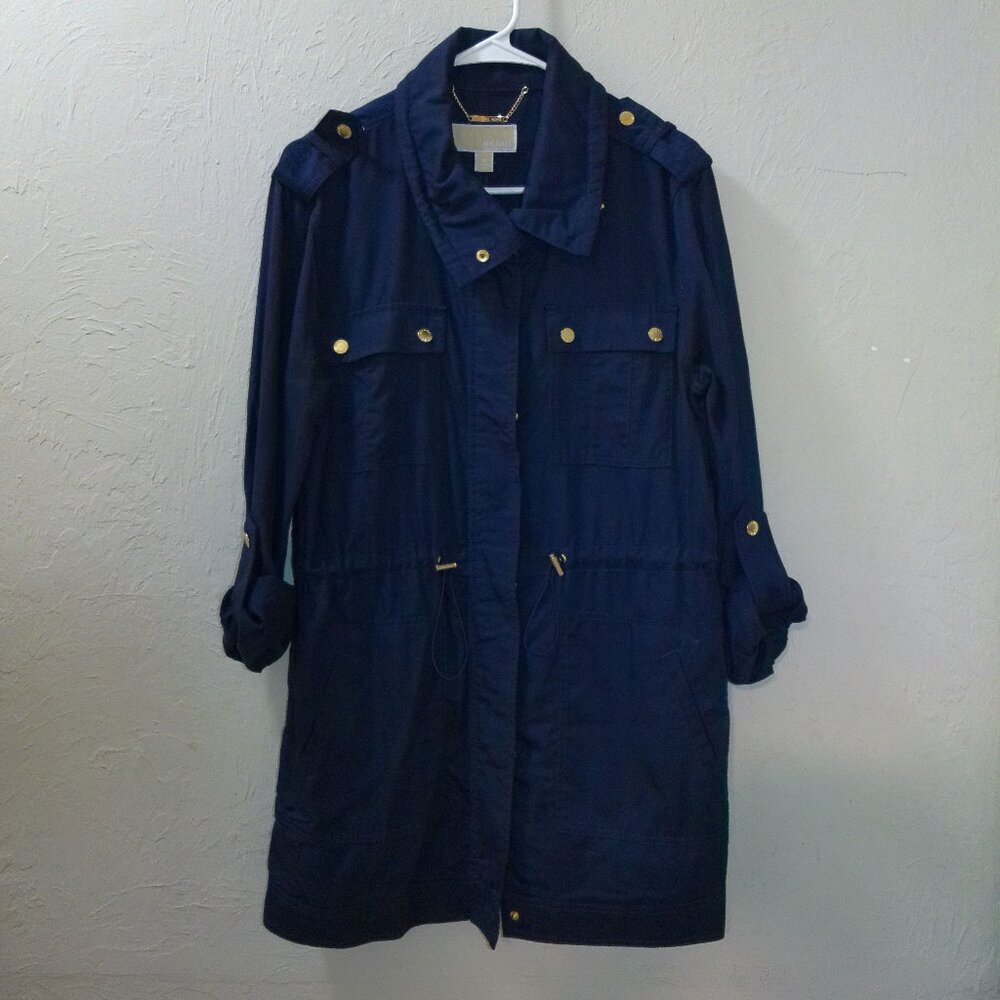 Michael Kors Navy Blue Utility Trench Coat Women’s Med  Gold Hardware Zip Jacket